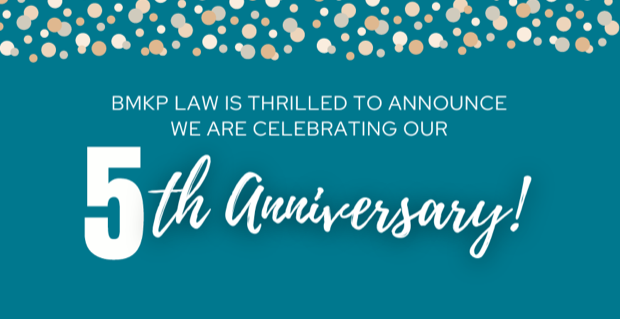 A Teal Banner With Gold Confetti That Reads: BMKP Law Is Thrilled to Announce We Are Celebrating Our 5th Anniversary!